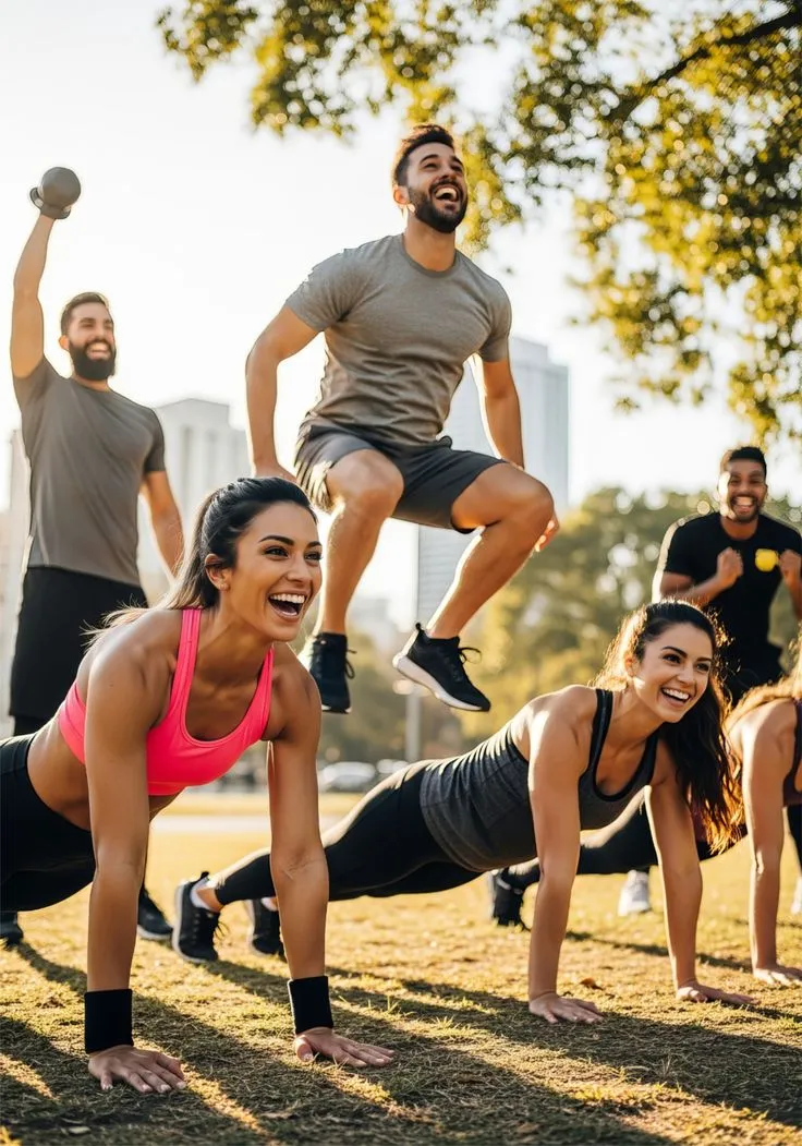 Group of adults participating in an outdoor fitness workshop